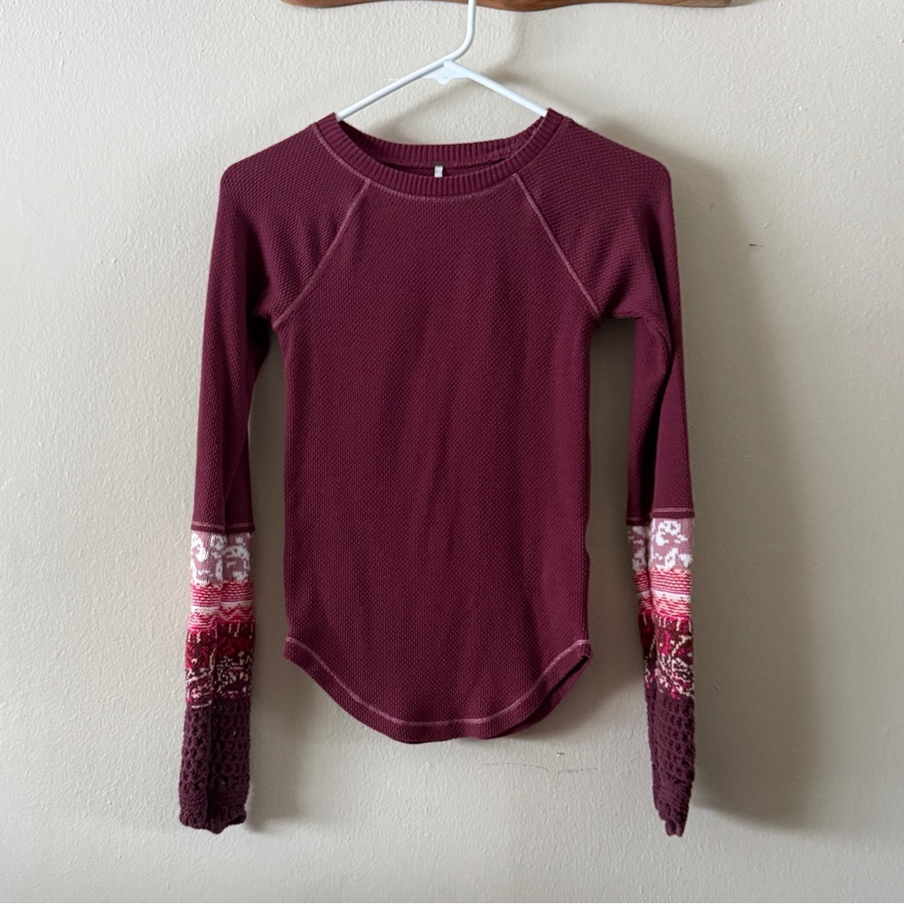 Free People Nordic Raglan Sleeve Crochet Waffle Knit Thermal Top size XS